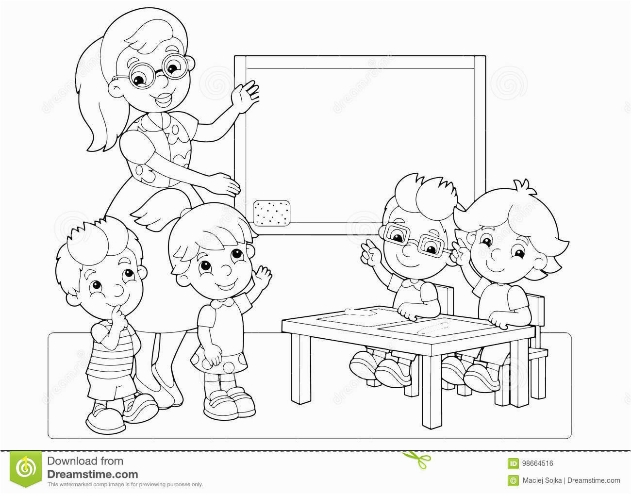 cartoon scene children teacher classroom holding hands up vector coloring page beautiful colorful illustration