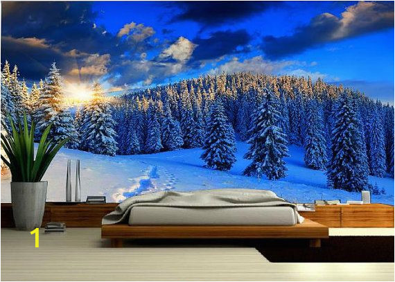 Snow forest Wall Mural Snow Mountain Mural Wallpaper Nature Snow Wall Mural Self