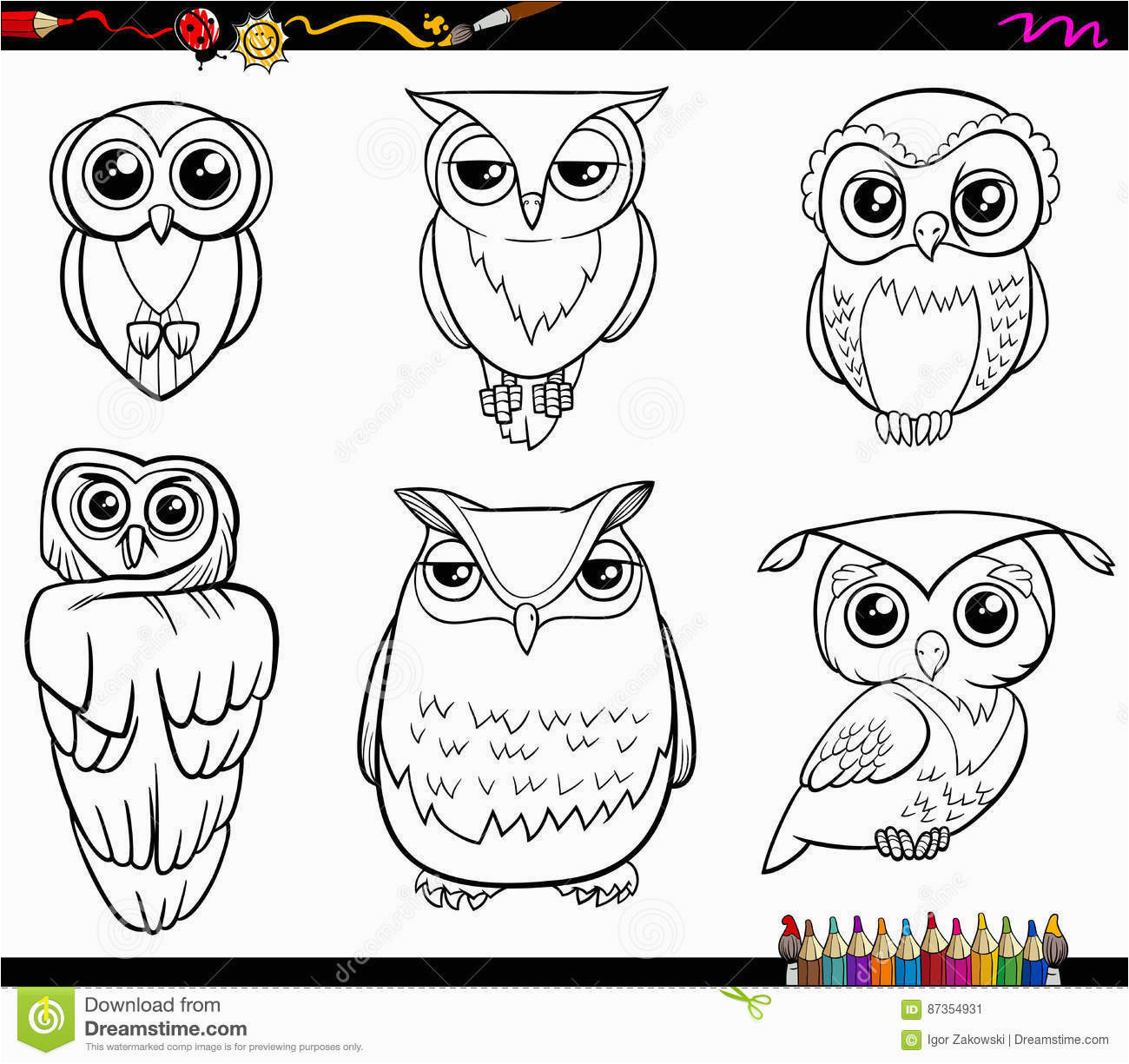 owl characters coloring page black white cartoon illustration birds animal set