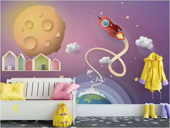 Space Wall Mural Wallpaper Nursery Wallpaper Cartoon Space Wall Mural for Child Planets