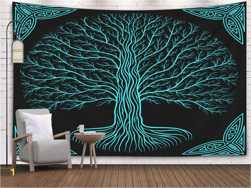 Tree Silhouette Wall Murals Grootey Tree Wall Tapestry Tapestry 60x60inches Tree Night Round Silhouette Black Blue Logo Ancient Book Style Yggdrasil at Gothic Tapestries Wall Art