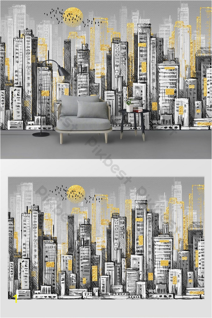 Wall Mural 3d Model Free Download nordic Hand Painted Golden Abstract City Background