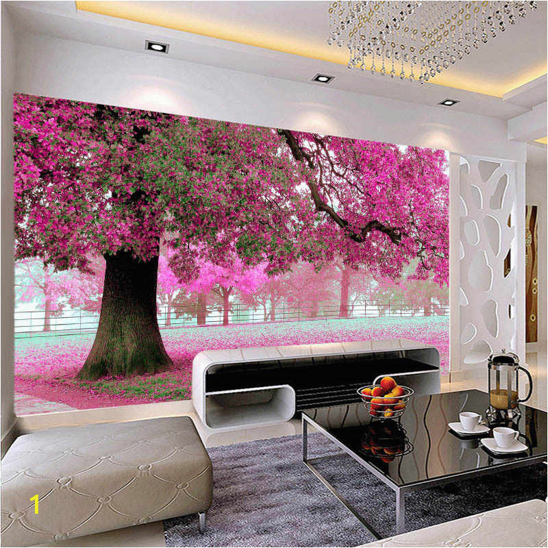 large mural customized 3D wallpaper abstraction painting with flowers tree behind sofa TV as background in q50