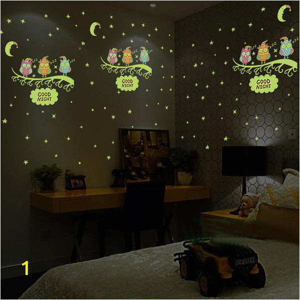 Wall Mural Glow In the Dark Nous Owl Moon Star Wall Sticker Stars Glow for Kids Rooms Glow In the Dark Home Decor Good Night Fluorescent Mural Poster Decorative Stickers