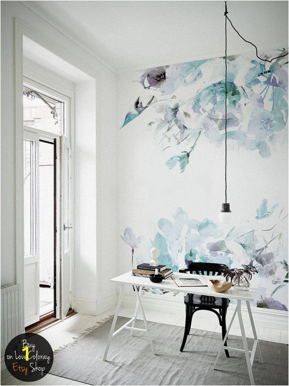 Wall Mural with Lights Blue Vintage Spring Floral Wallpaper Watercolor Wallpaper