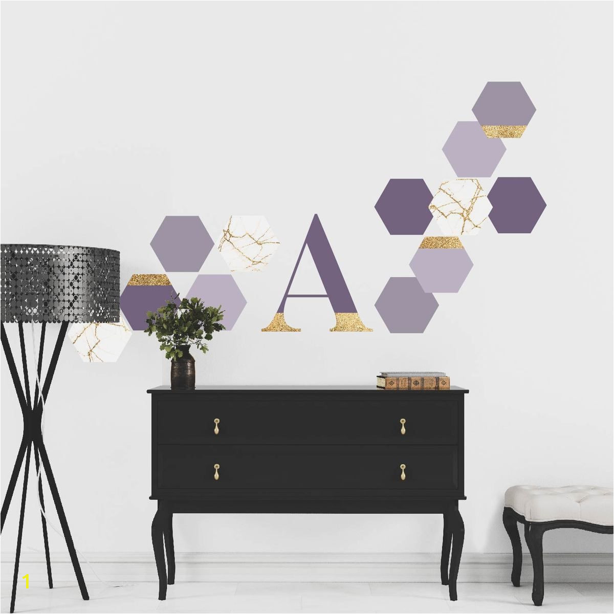 Wall Murals for Dorms Violet Purple Gold and Marble Hexagon Peel and Stick