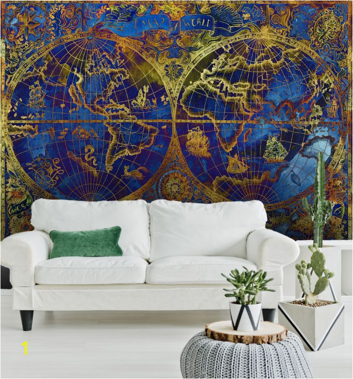 Wall Murals Gold Coast Vintage Metallic Blue and Gold World Map Wallpaper Mural