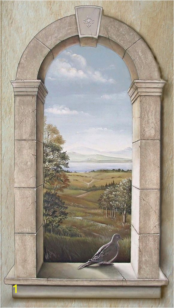 Wall Murals Trompe L Oeil Arched Window with Dove