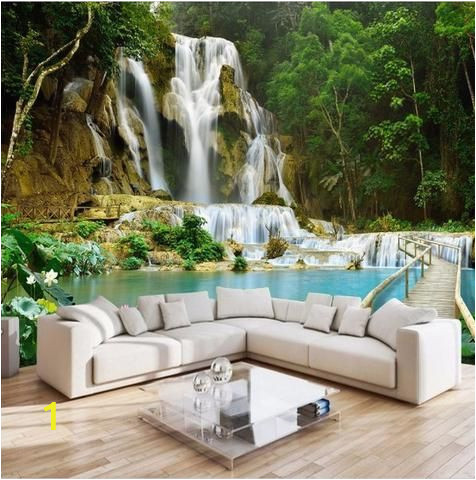 Waterfall Wall Murals Cheap 3d forest Waterfall Wallpaper Lake and Bridge Wall