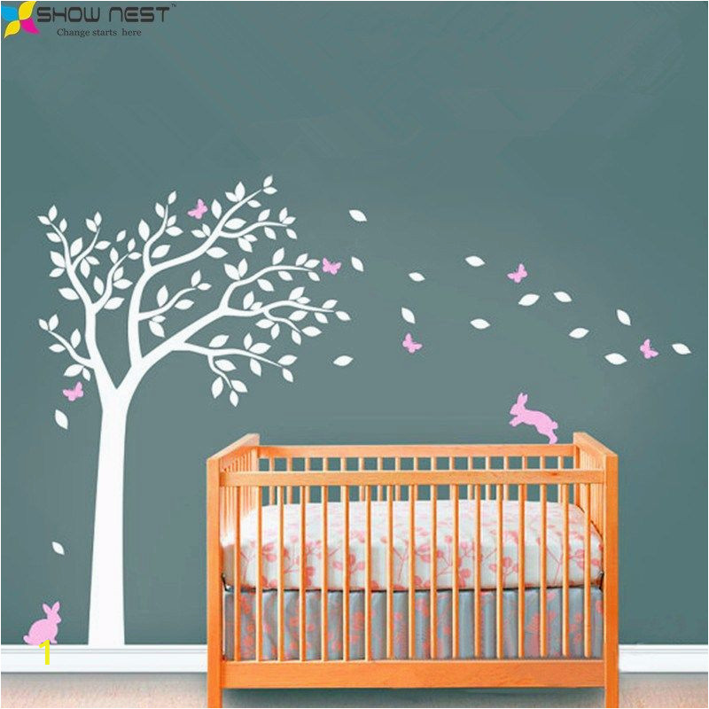 White Tree Wall Mural Huge White Tree Decal with Cute Rabbit and butterflies Vinyl