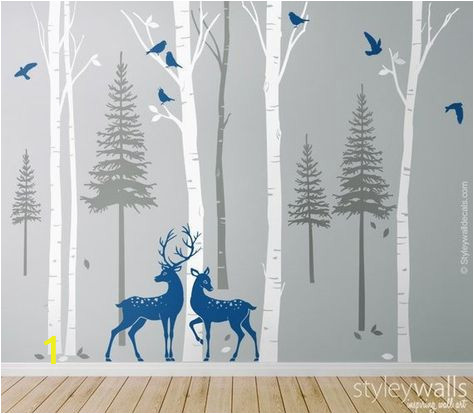 Winter Trees Wall Mural Birch Trees Fir Trees Pine Trees with Deers Wall Decal