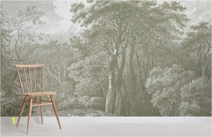 green tree forest etching wallpaper mural Room 820x532