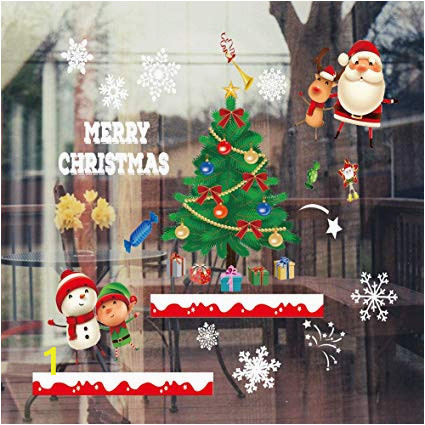Winter Wonderland Wall Mural White Snowflakes Window Clings with Christmas Tree Santa Claus Snowman Reindeer Xmas Holiday Colored Window Decals Reusable Static Sticker