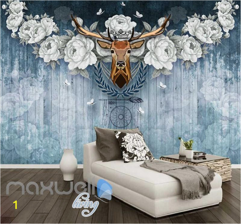 Wood Wall Mural Decal Vintage Deer Head with White Roses Blue Wooden Wall Art