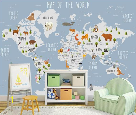 World Map Wall Mural for Nursery Kids Wallpaper World Map Wall Mural Cartoon Animal Wall