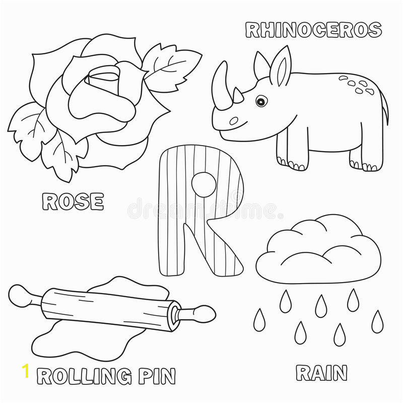 alphabet letter letters r coloring book kids pictures rose rolling pin rain rhino