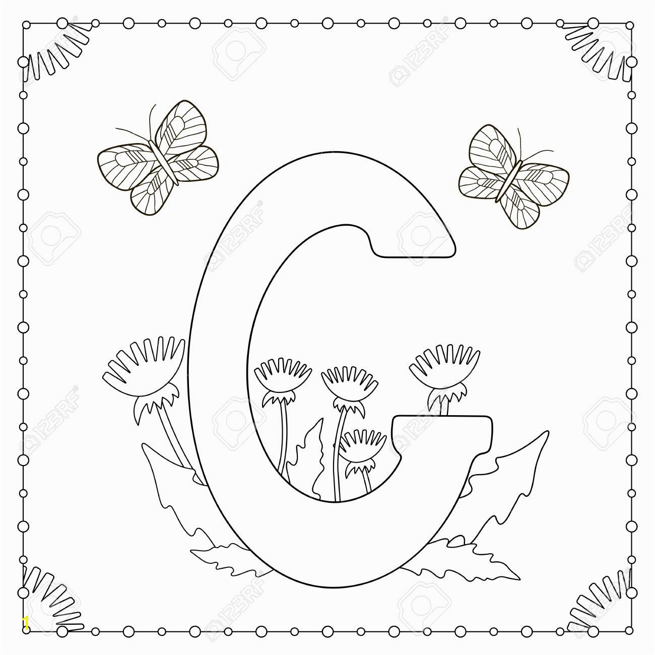 alphabet coloring page capital letter g with flowers leaves and butterflies vector illustration