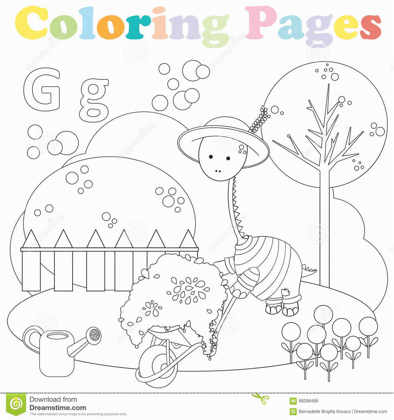 coloring page kids alphabet set letter g cute dinosaur yard gardening