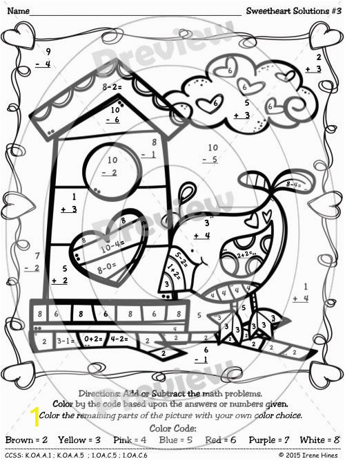 Color by Number Valentines Day Coloring Pages Math Addition & Subtraction Color by the Number Code