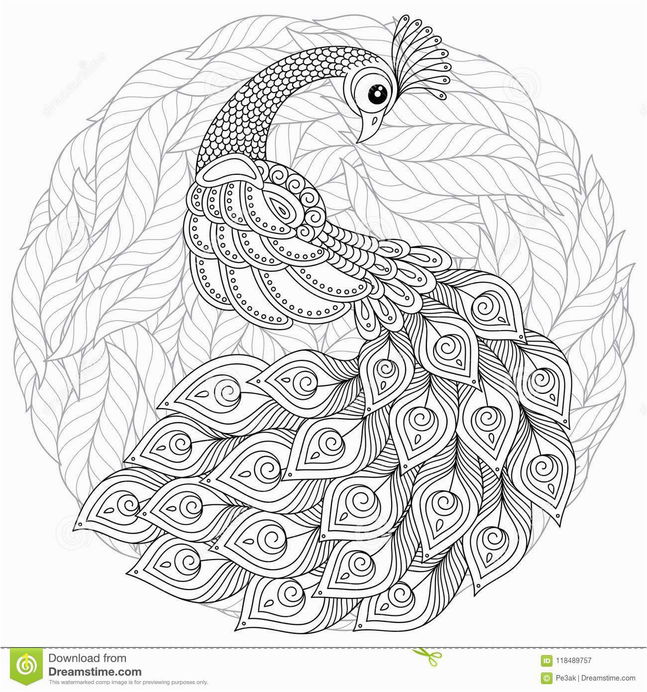 peacock zentangle style adult antistress coloring page black white hand drawn doodle book