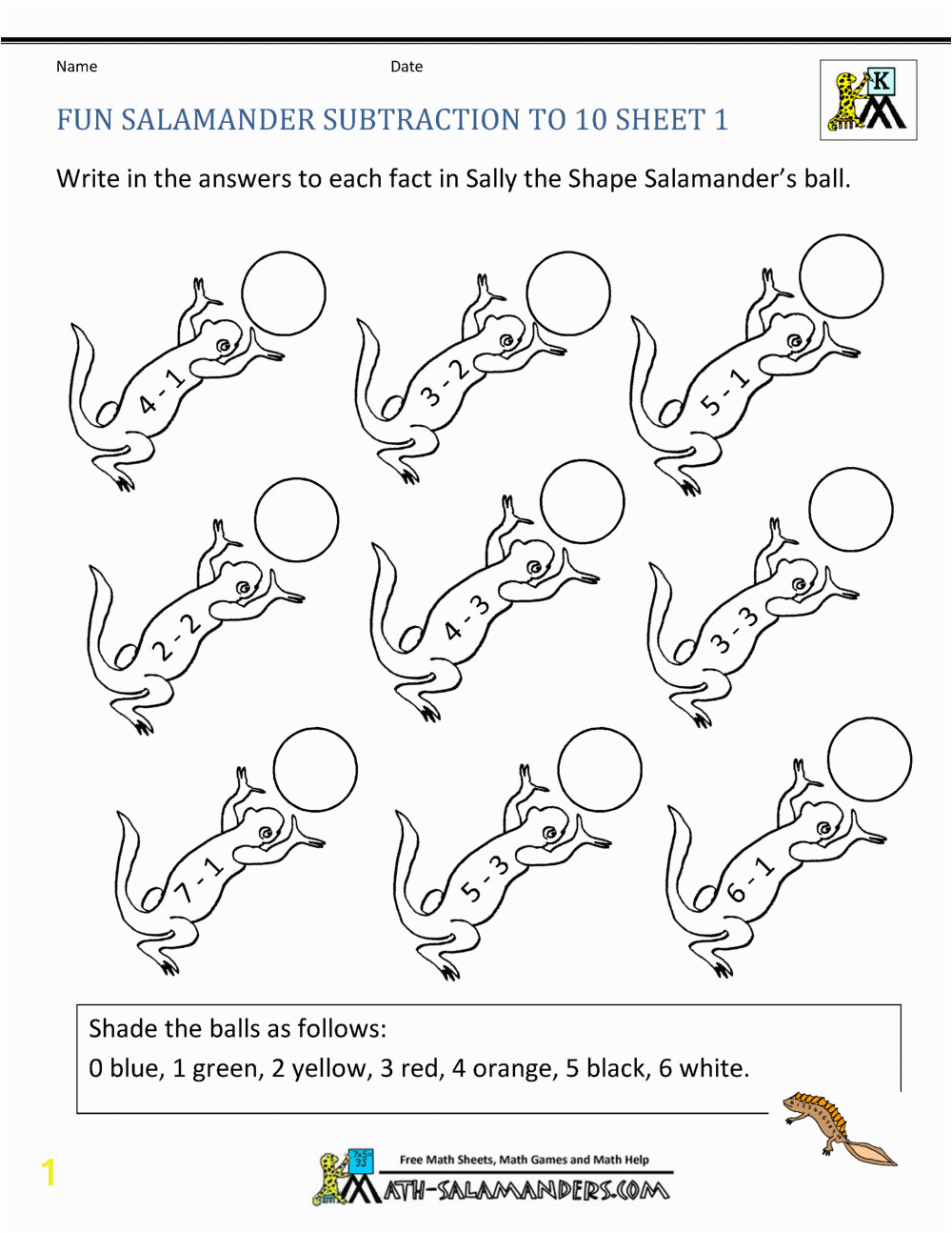 kindergarten math printables fun subtraction to 10 salamander 1