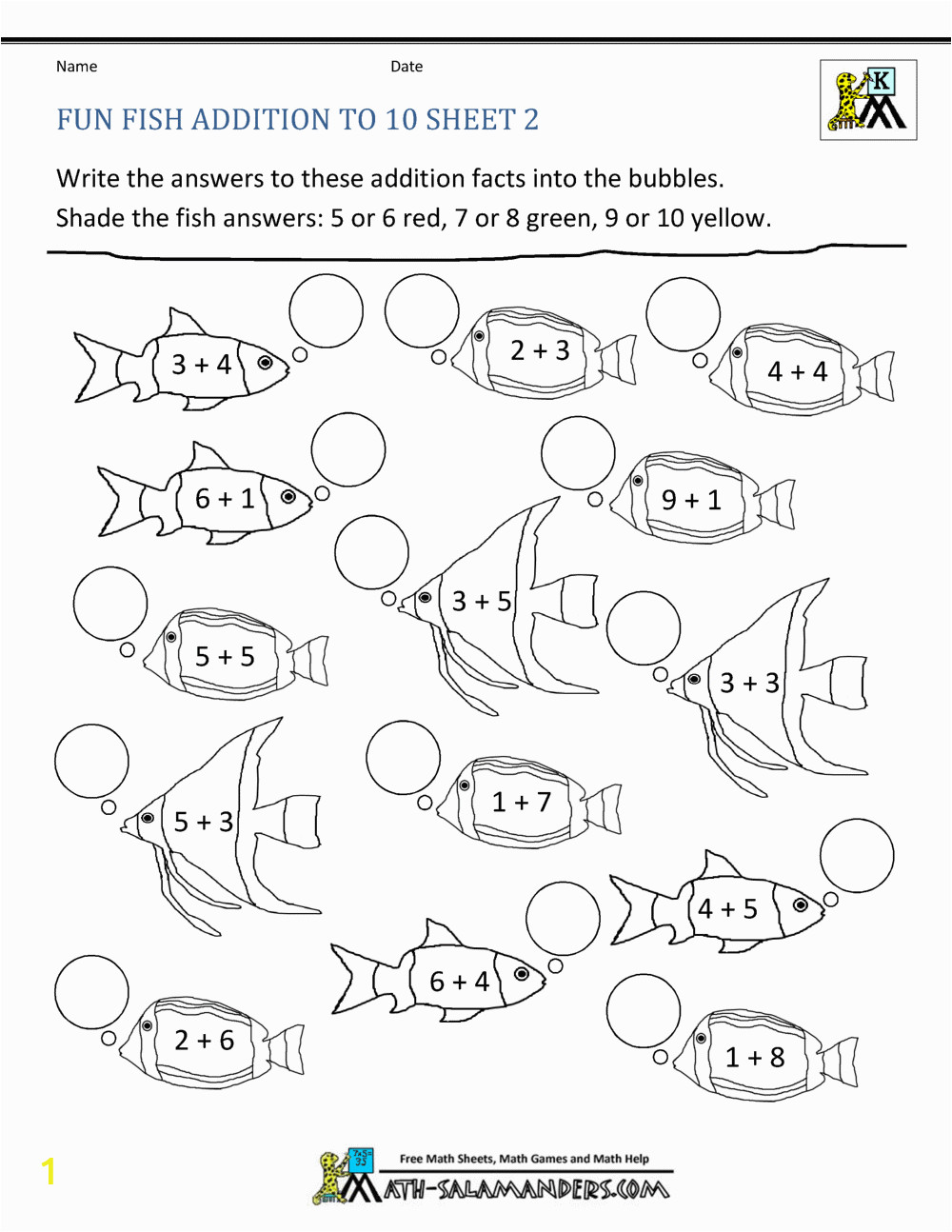 homeschool math worksheets fun addition to 10 fish 2
