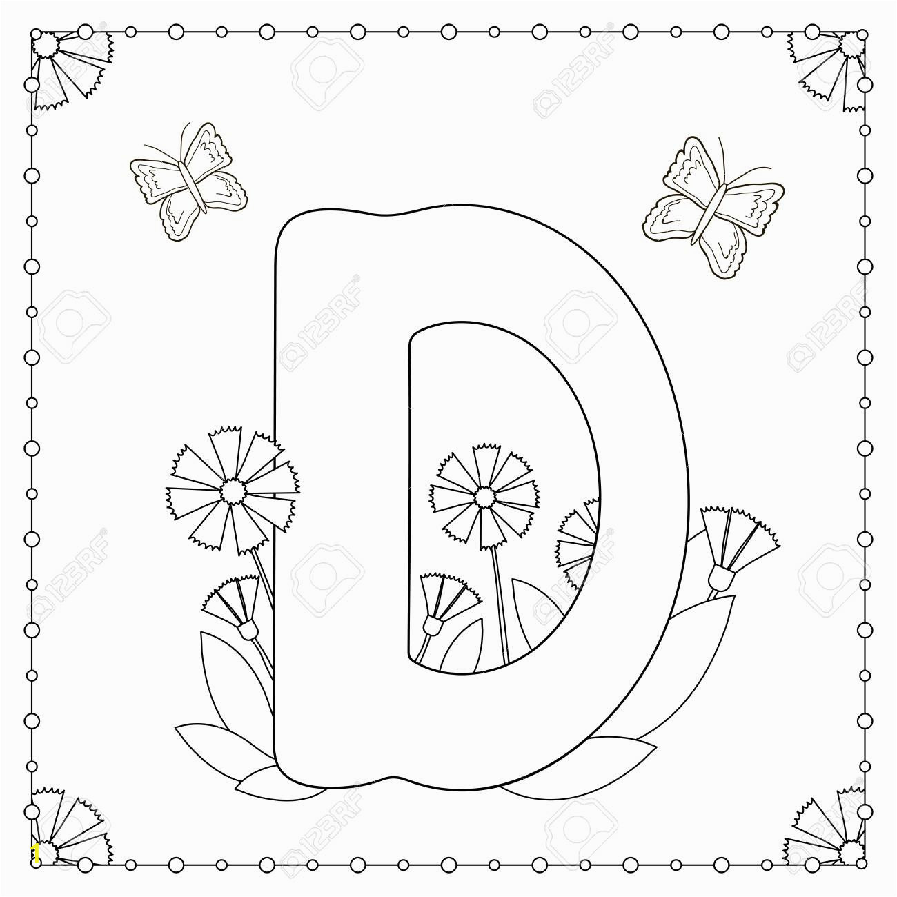 alphabet coloring page capital letter d with flowers leaves and butterflies vector illustration