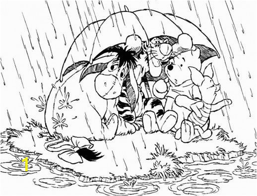 Coloring Pages for Rainy Days Winnie the Pooh and His Friends are Under Umbrella Enjoying