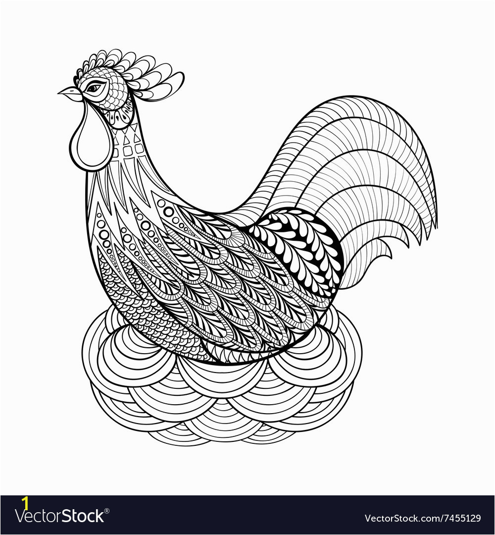 hand drawing chicken in nest for adult anti stress vector