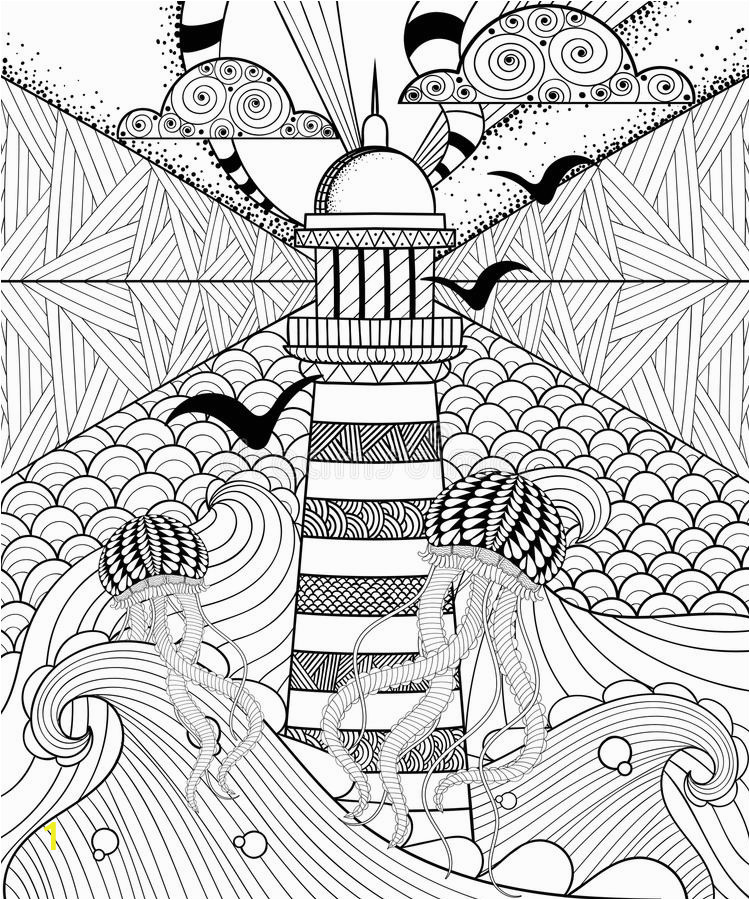 hand drawn adult coloring page artistically sea ethnic lig lighthouse patterned jellyfish ornamental clouds doodle