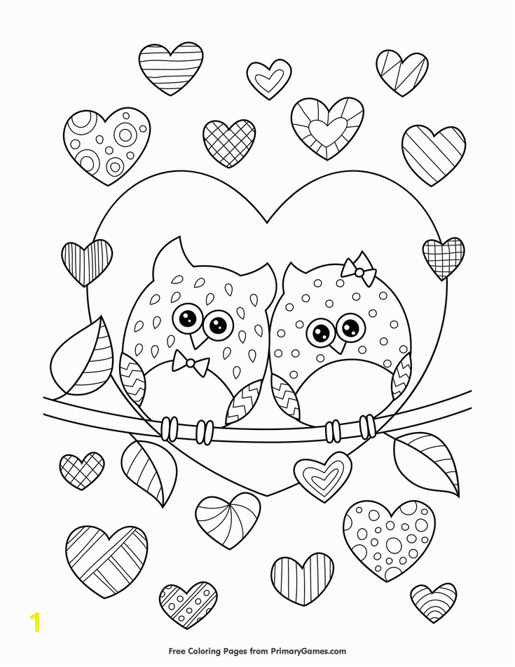 Valentines Day Hearts Coloring Pages Owls In Love with Hearts Coloring Page • Free Printable