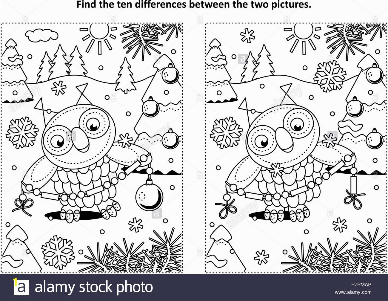 winter holidays new year or christmas themed find the ten differences picture puzzle and coloring page with owl holding glass beads garland P7PMAP