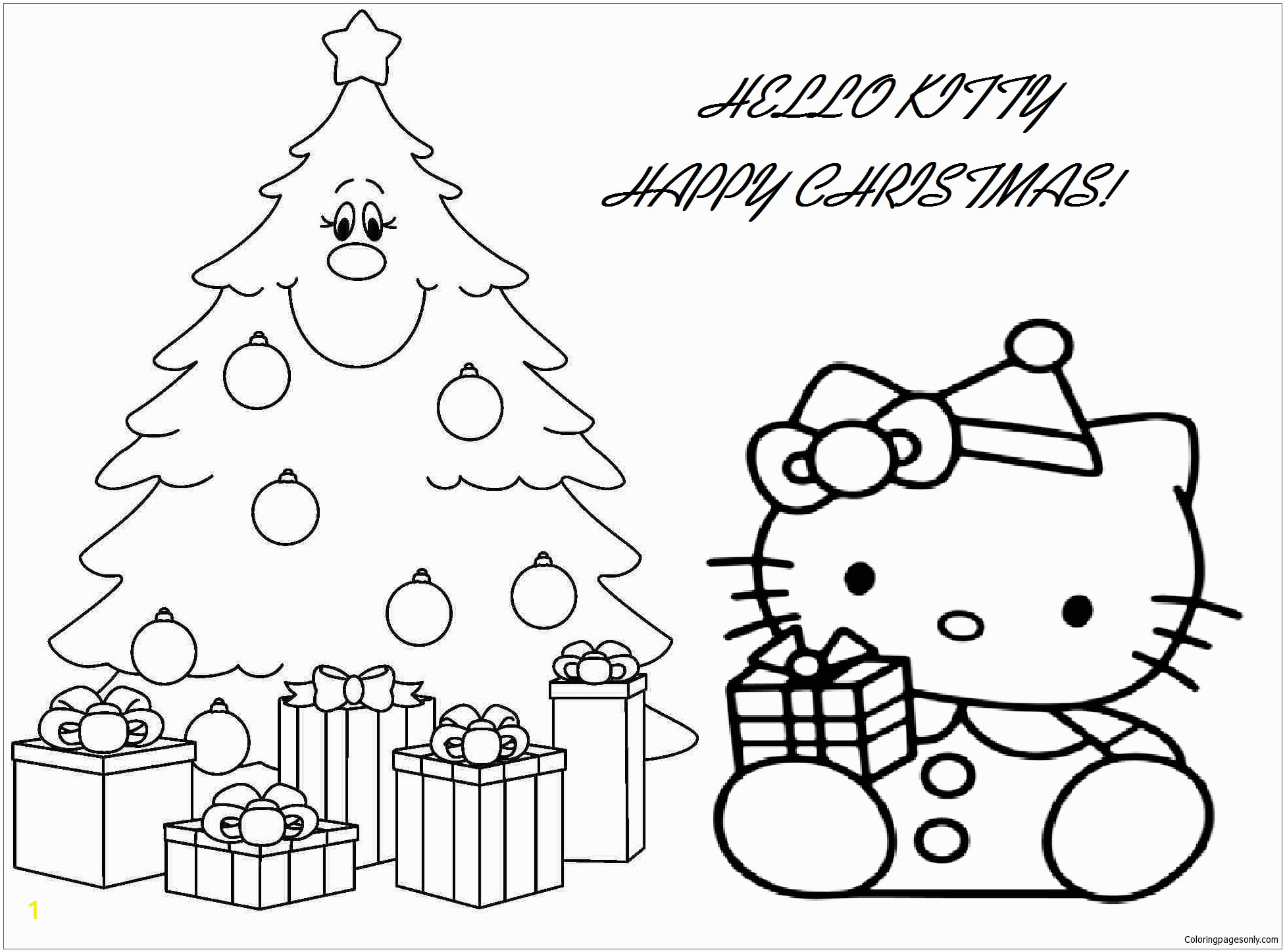 Hello Kitty Christmas Coloring Pages Free Hello Kitty with Christmas Gift Box and Christmas Tree