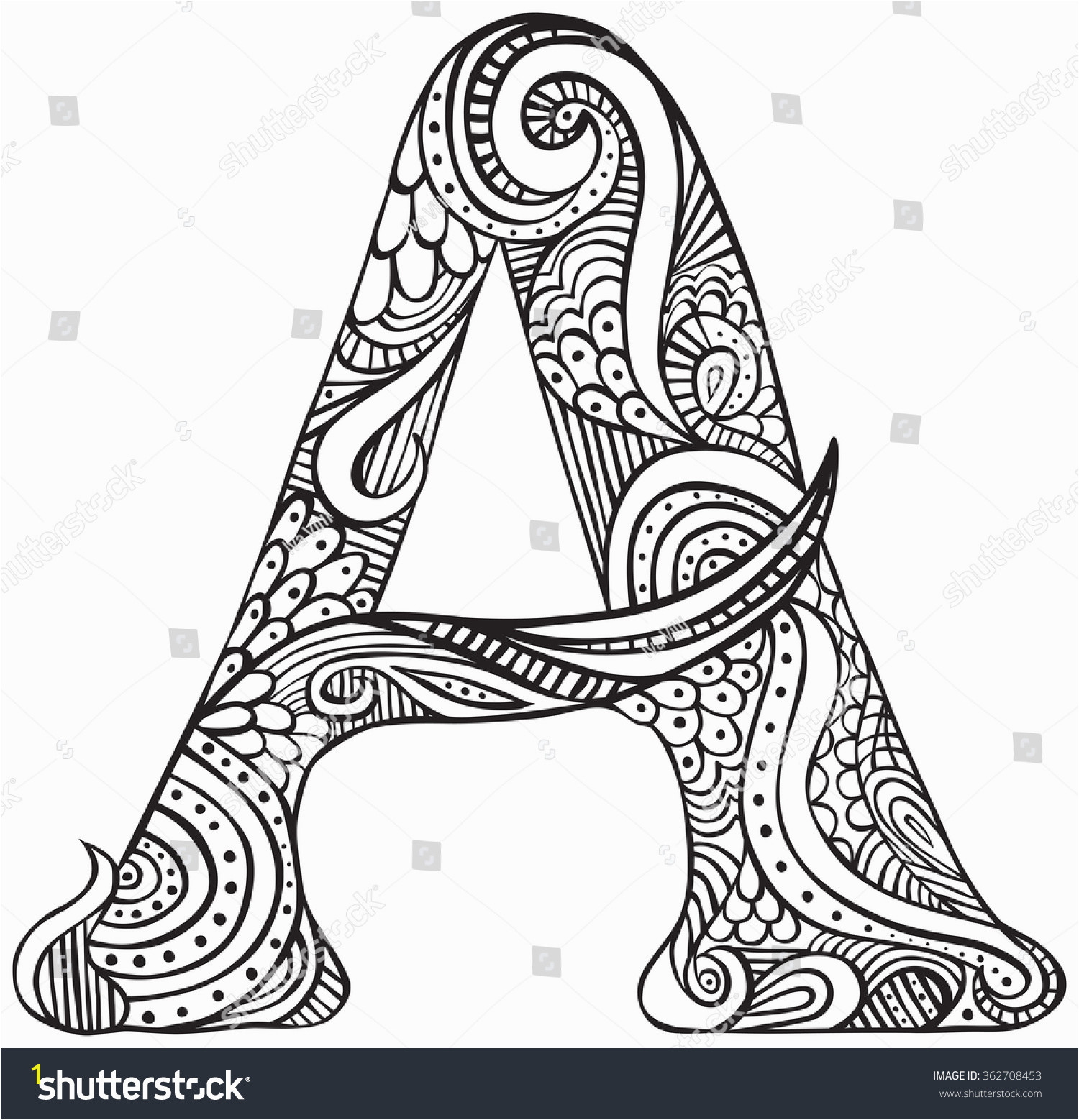 Letter A Coloring Pages for Adults Hand Drawn Capital Letter Black Coloring Stock Vector