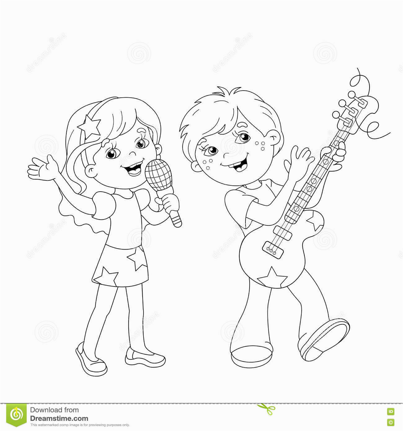 stock illustration coloring page outline boy girl singing song cartoon guitar book kids image