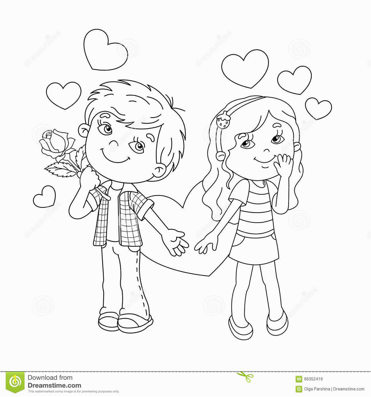 stock illustration coloring page outline boy girl hearts cartoon book kids valentine s day image