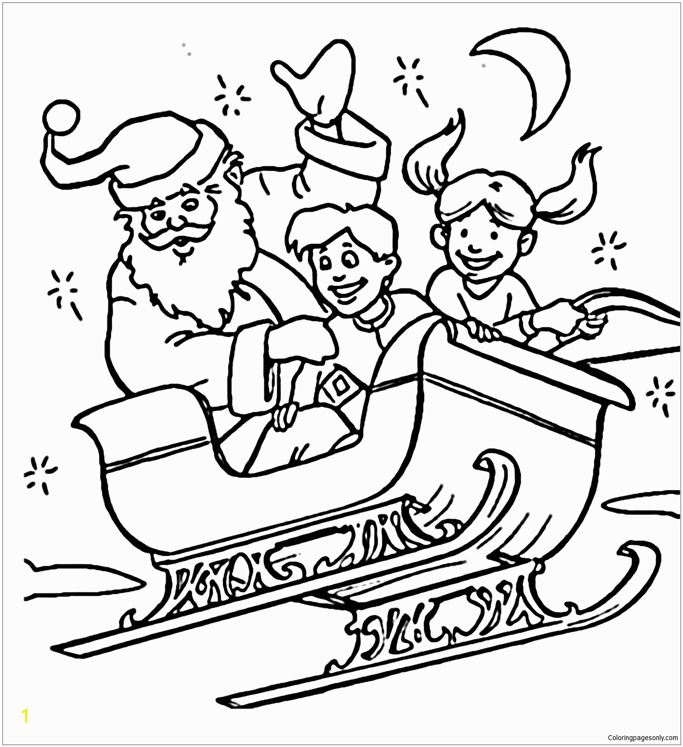 Santa and Sleigh Coloring Pages Printable Santa Claus and Children Flying In Sleigh Coloring Pages