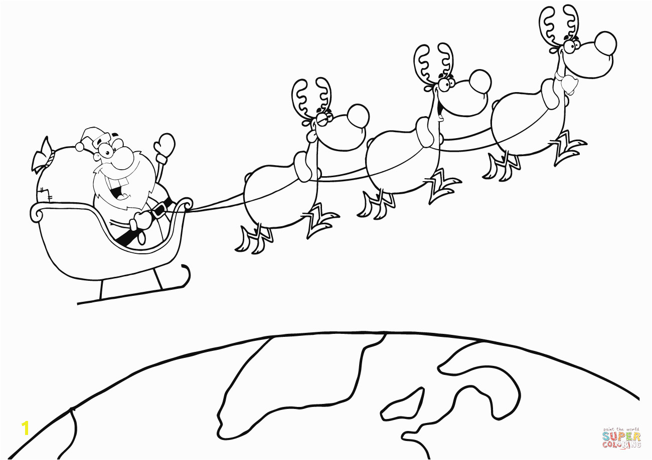 team of reindeer and santa in his sleigh flying above the earth