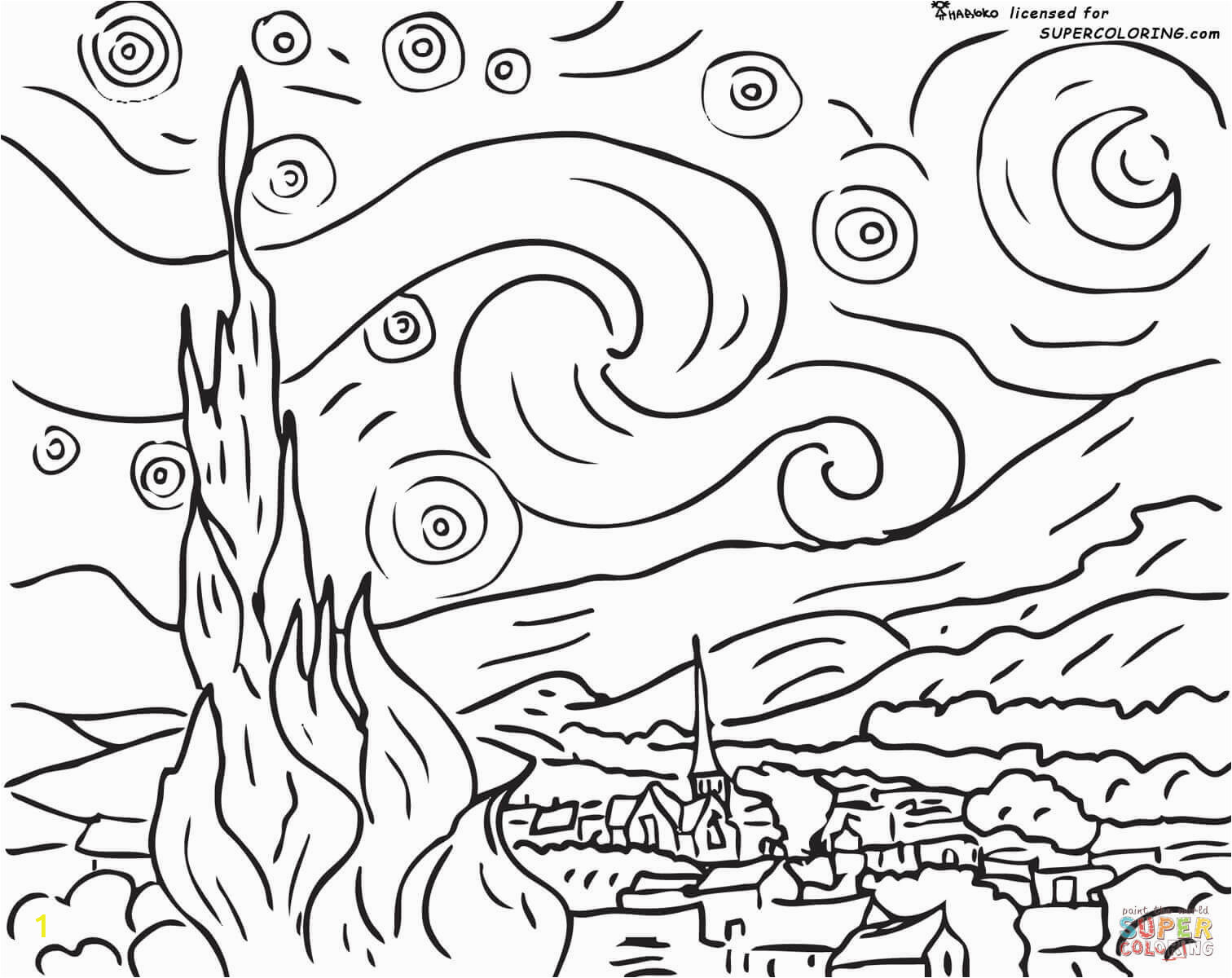 Van Gogh Starry Night Coloring Page Starry Night by Vincent Van Gogh Coloring Page