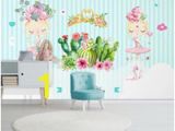 3d Nursery Wall Murals Custom Size 3d Photo Wallpaper Mural Kids Room Blue Striped Ballet Girl Cactus 3d Picture sofa Backdrop Wallpaper Mural Non Woven Sticker