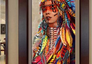 American Indian Wall Murals Wall Art Native American Indian Girl Feather Woman Portrait Canvas