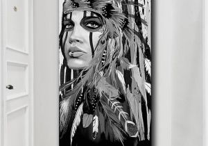 American Indian Wall Murals White and Black Native American Indian Girl Feathered Canvas