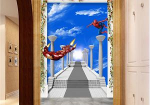 Art Deco Wall Mural 3d Ironman Spider Man Blue Sky Corridor Entrance Wall Mural