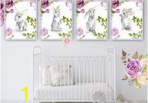 Baby Girl Nursery Wall Murals 4 Purple Boho Bunny Rabbit Wall Art Print Woodland Nursery Baby Girl Room Blush Floral Bohemian Watercolor Set Prints Printable Decor