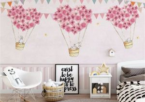 Baby Girl Wall Murals Nursery Wallpaper for Kids Pink Hot Air Balloon Wall Mural Cartoon Rabbit Wall Art Girls Boys Bedroom Baby Room Play Room Children Rooms