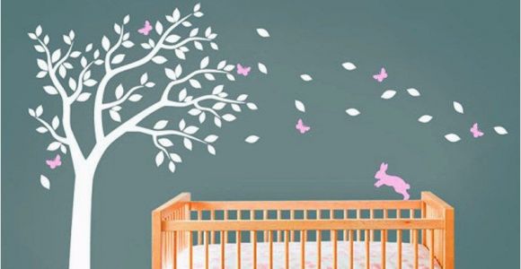 Baby Murals for Walls Huge White Tree Decal with Cute Rabbit and butterflies Vinyl