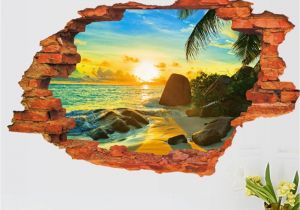Beach theme Wall Mural 3d Broken Wall Decal Sunset Scenery Seascape island Coconut Trees Household Adornment Can Remove the Wall Stickers Wall Sticker Decor Wall Sticker