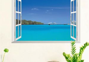 Beach Wall Mural Sticker 3d Diy Decal Hawaii Sea View Beach Window Wall Stickers Adhesive Wallpaper for Background In Bedroom Living Room Home Decor Stickers Walls Stickers