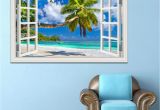 Beach Wall Mural Sticker Blue Sky Beach Coconut Tree Tropic Scenery 3d Wall Sticker Sunset Seascape Removable Wallpaper Creative Window View Home Decor Y Paper Home Wall