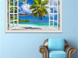 Beach Wall Mural Sticker Blue Sky Beach Coconut Tree Tropic Scenery 3d Wall Sticker Sunset Seascape Removable Wallpaper Creative Window View Home Decor Y Paper Home Wall